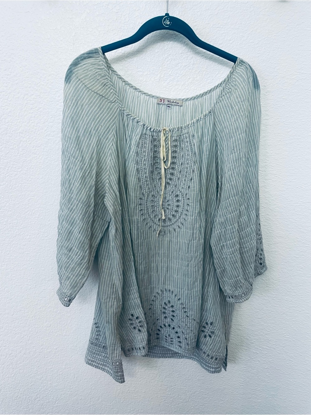 Workshop Republic Clothing Light Blue Striped Embroidered Peasant Tunic